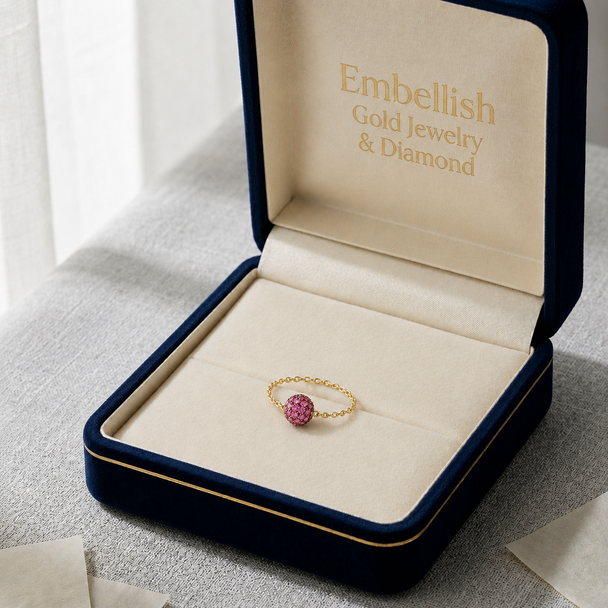 18K Real Gold Pink Swarovski Chain Ring - New Launch - Embellish Gold