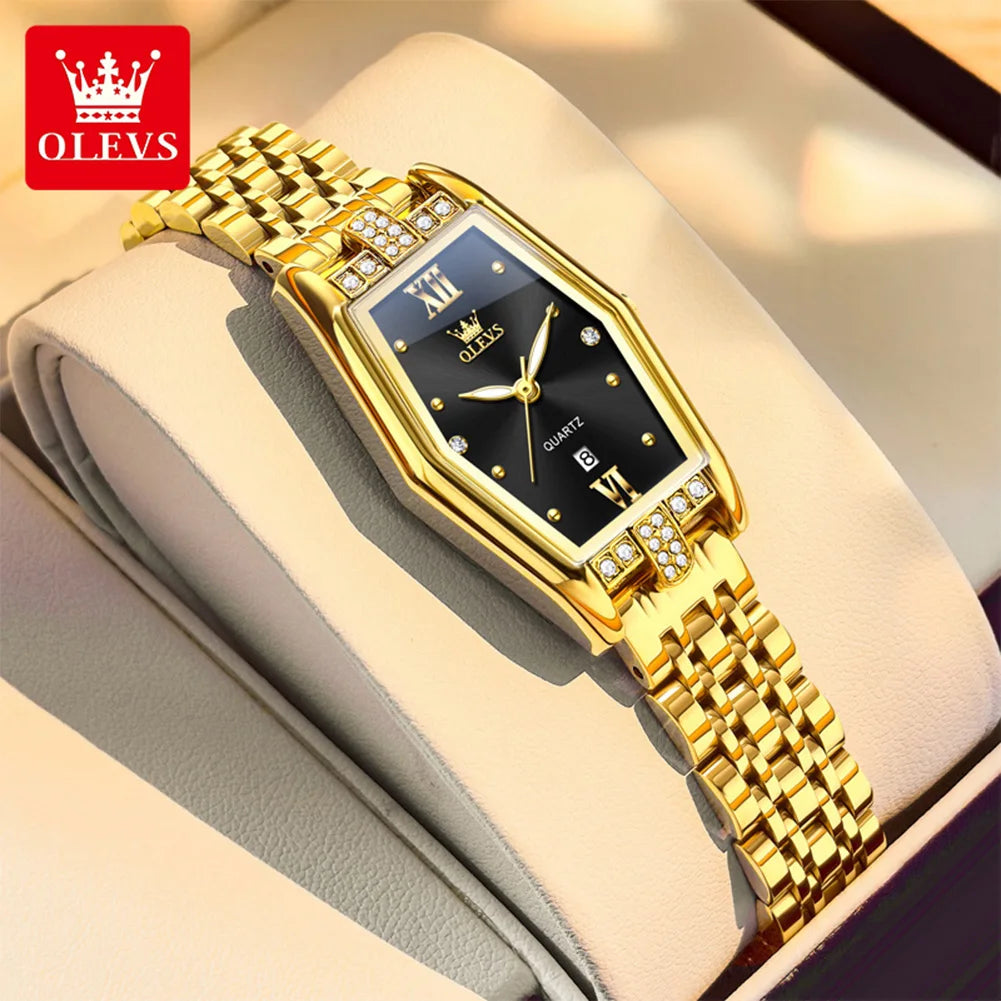 OLEVS 3699 Luxury Fashion Gold Stainless Steel Tonneau Quartz Ladies' Watches - Olevs - Embellish Gold Jewelry & Diamond