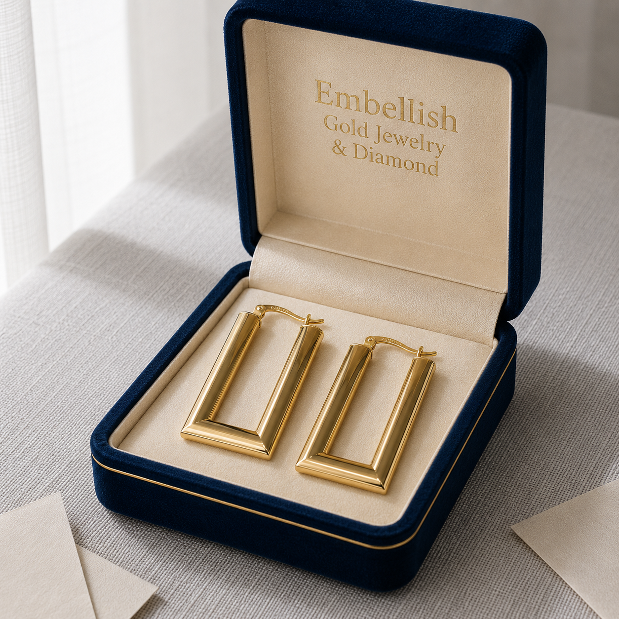 18k Gold Long Cube Loop Earrings - 18k Gold Earrings - Embellish Gold Jewelry & Diamond