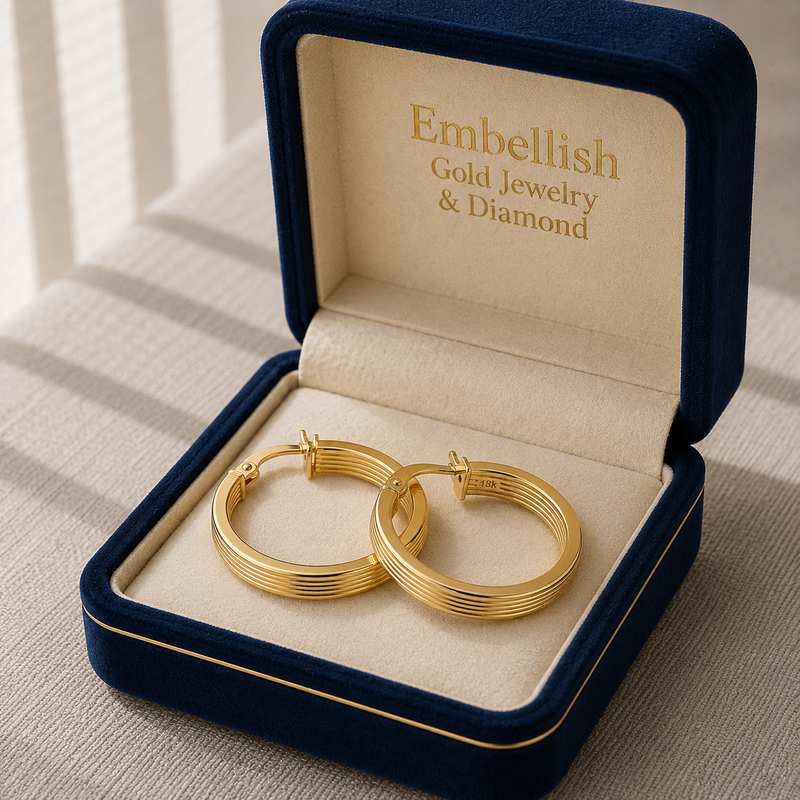 18k Gold Solid Lines Loop Earrings - 18k Gold Earrings - Embellish Gold Jewelry & Diamond