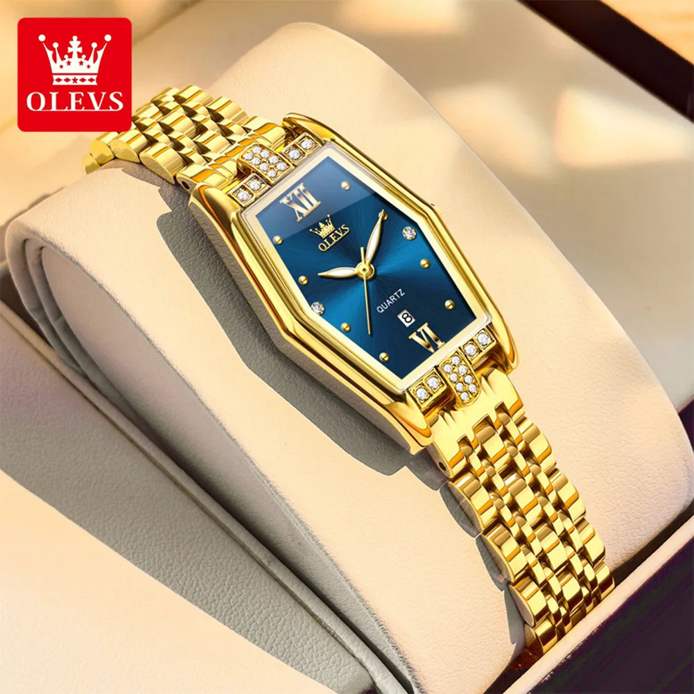 OLEVS 3699 Luxury Fashion Gold Stainless Steel Tonneau Quartz Ladies' Watches