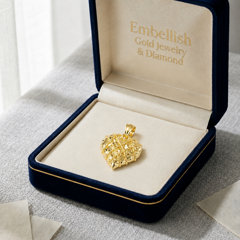 18k Gold Line Texture Heart Pendant - 18k Gold Pendant - Embellish Gold Jewelry & Diamond
