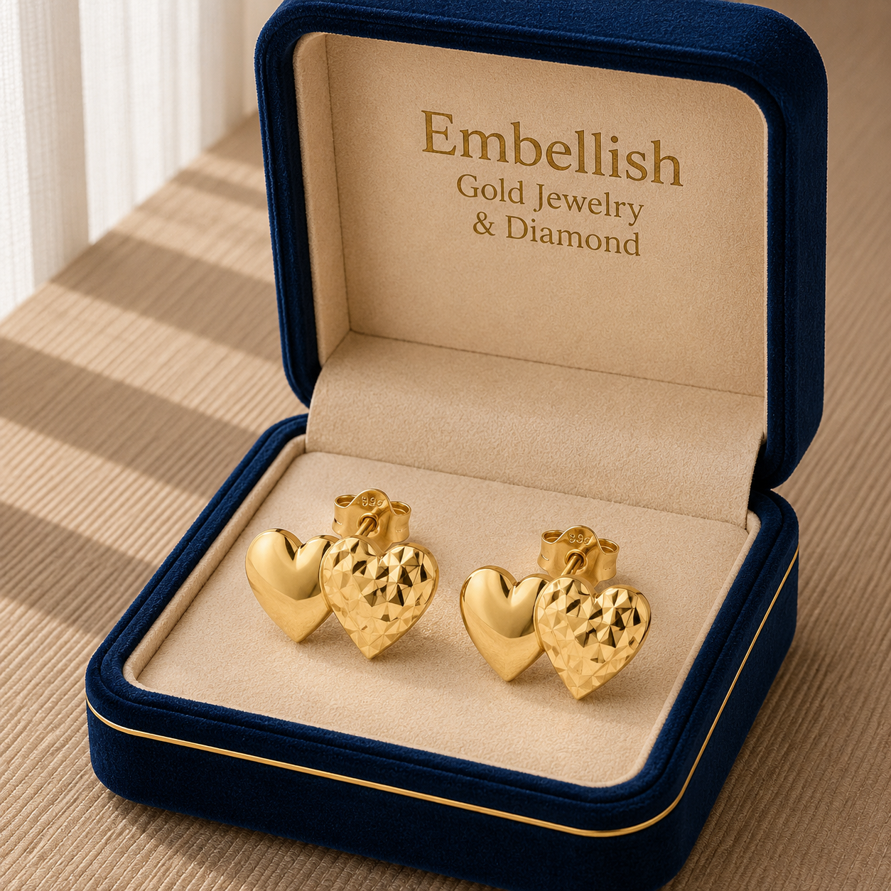 18k Gold Love Twin Heart Stud Earrings - 18k Gold Earrings - Embellish Gold Jewelry & Diamond