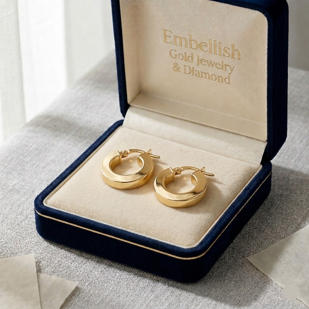 18k Gold Shiny Flat Loop Earrings - 18k Gold Earrings - Embellish Gold Jewelry & Diamond