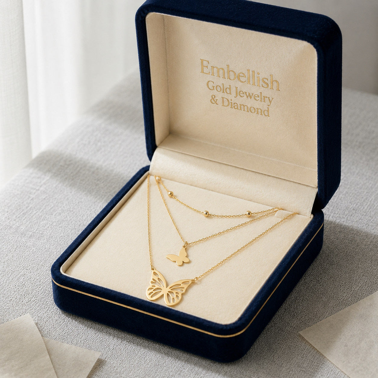 18k Gold 3 Layer Butterfly Ball Necklace