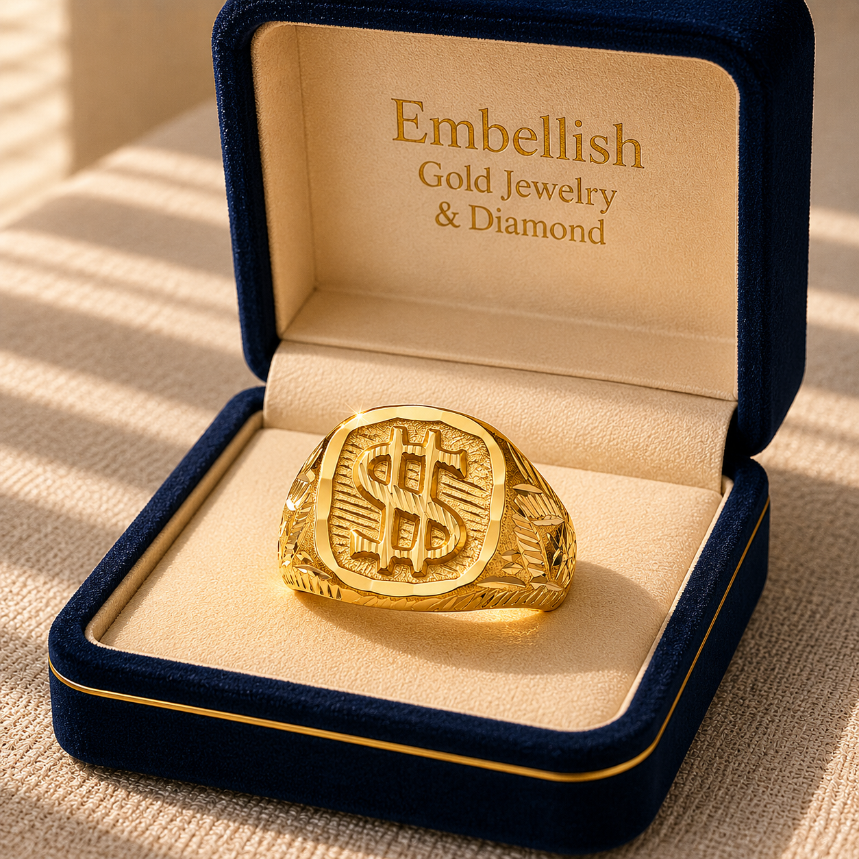 Gold ring with dollar sign design in a 'Embellish Gold Jewelry & Diamond' box.