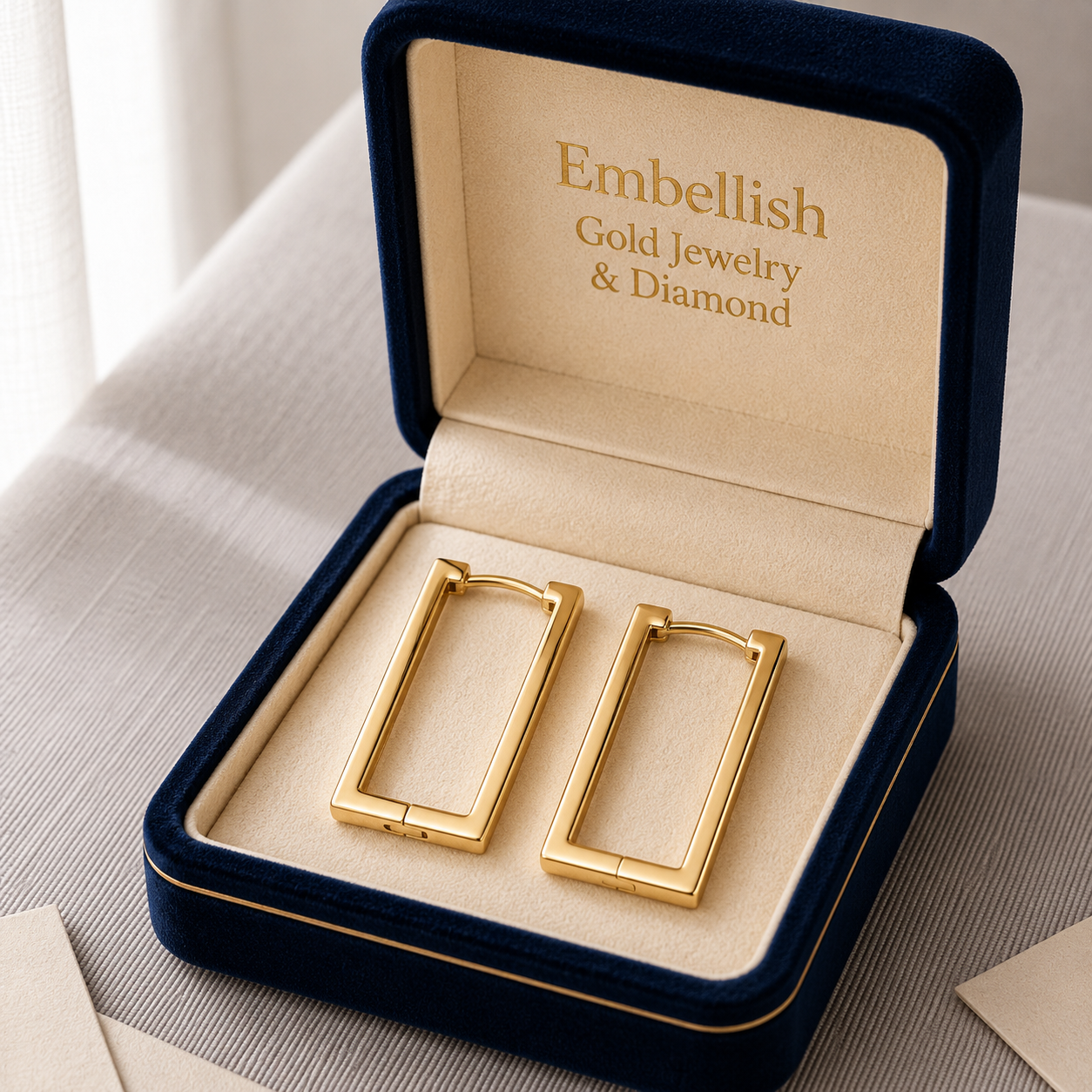 18k Gold Thin Rec Loop Earrings - 18k Gold Earrings - Embellish Gold Jewelry & Diamond