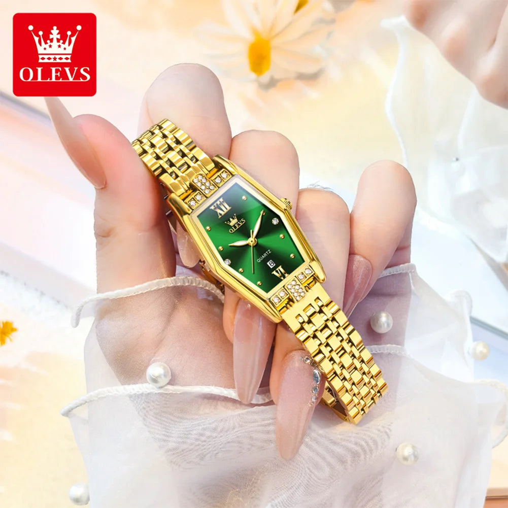 OLEVS 3699 Luxury Fashion Gold Stainless Steel Tonneau Quartz Ladies' Watches