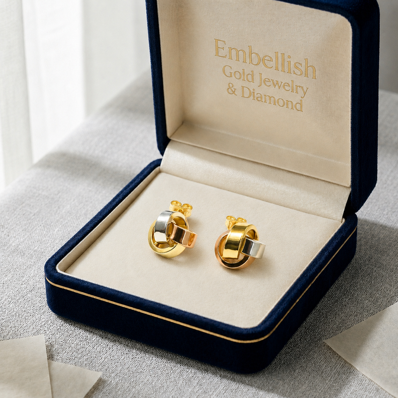 18k Gold Tri Color Solid Knot Stud Earrings - 18k Gold Earrings - Embellish Gold Jewelry & Diamond