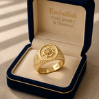 Gold ring in a jewelry box with 'Embellish Gold Jewelry & Diamond' branding.