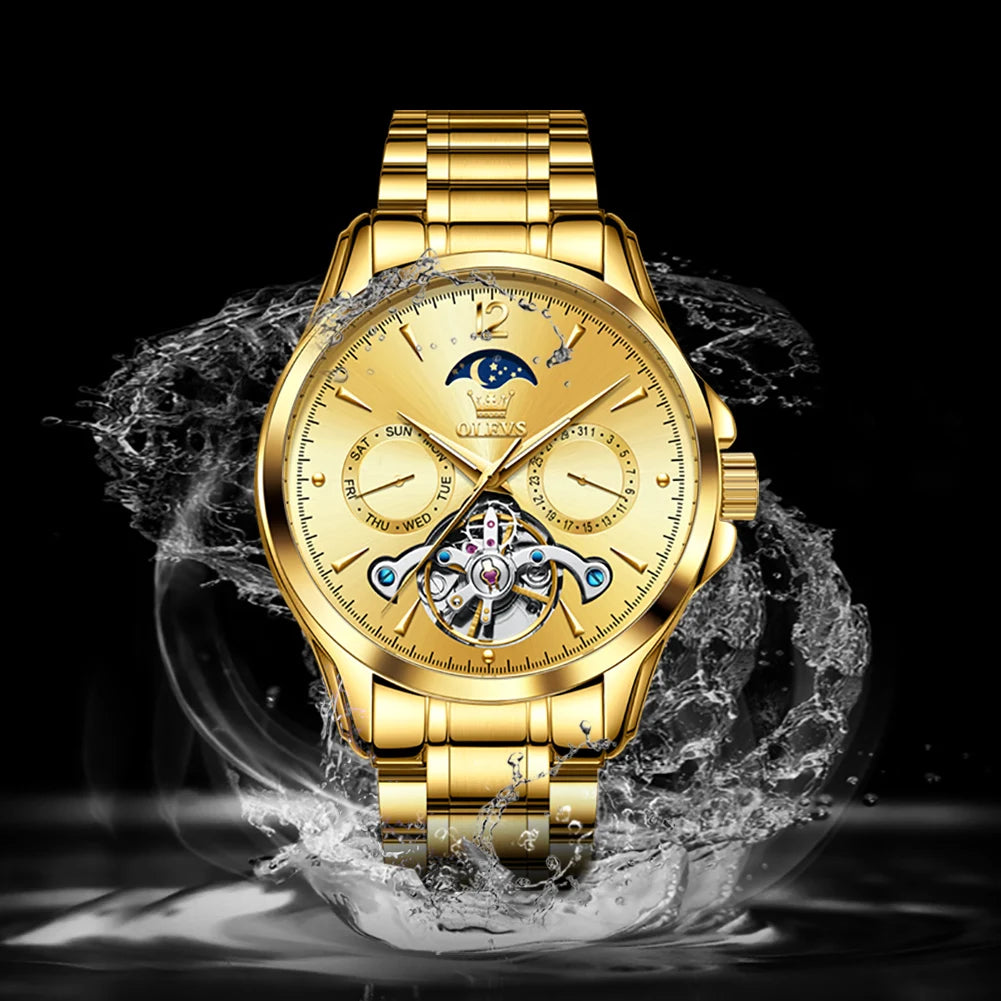 OLEVS 6663 Men Flywheel Fully Automatic Mechanical Watch - Festive Collection - Embellish Gold Jewelry & Diamond
