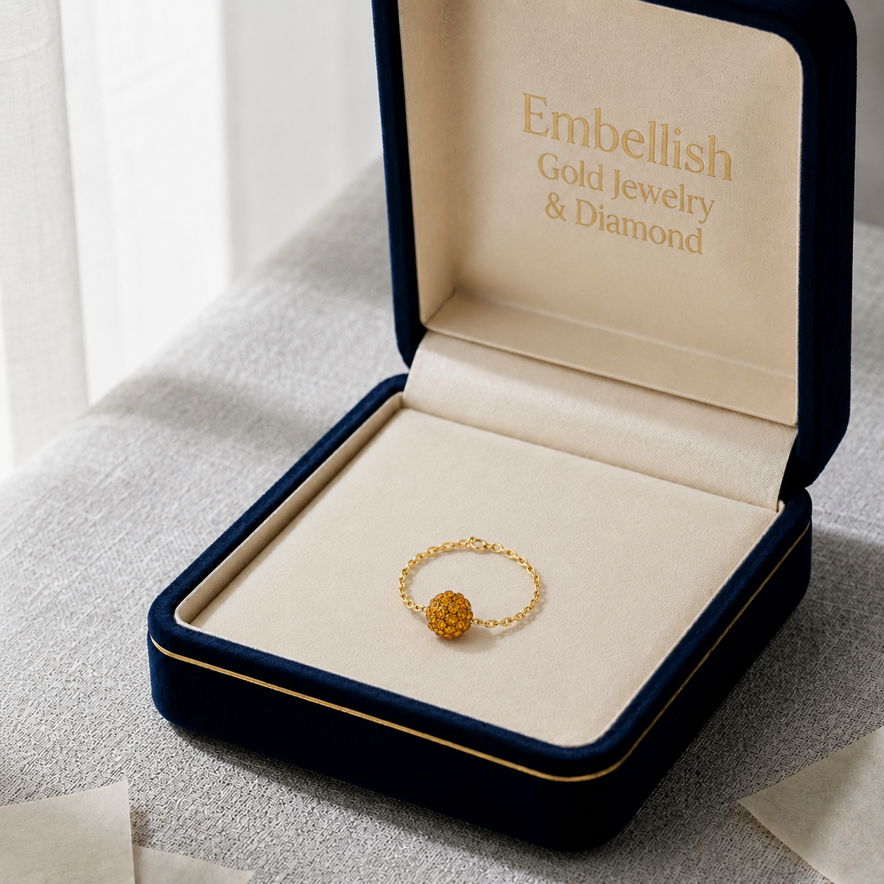 18K Real Gold Orange Swarrovski Chain Ring - New Launch - Embellish Gold