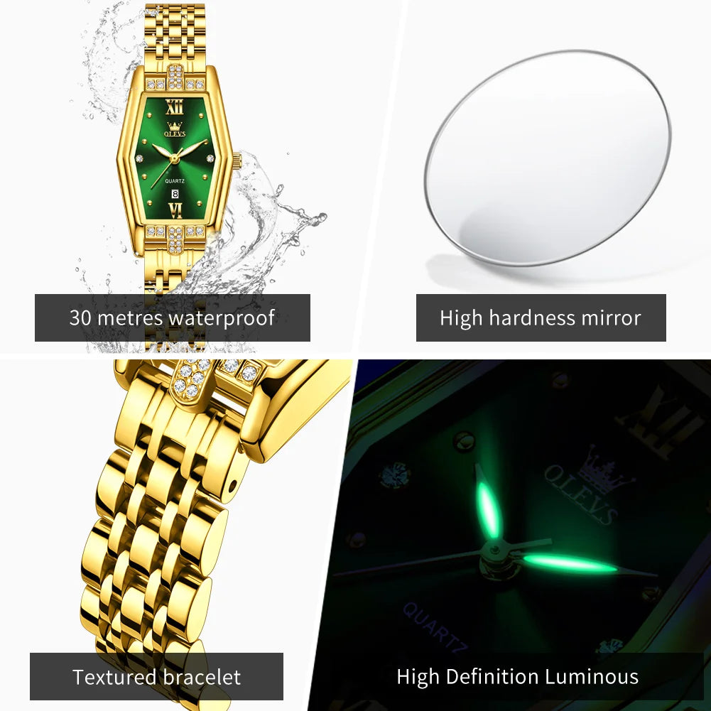 OLEVS 3699 Luxury Fashion Gold Stainless Steel Tonneau Quartz Ladies' Watches - Olevs - Embellish Gold Jewelry & Diamond