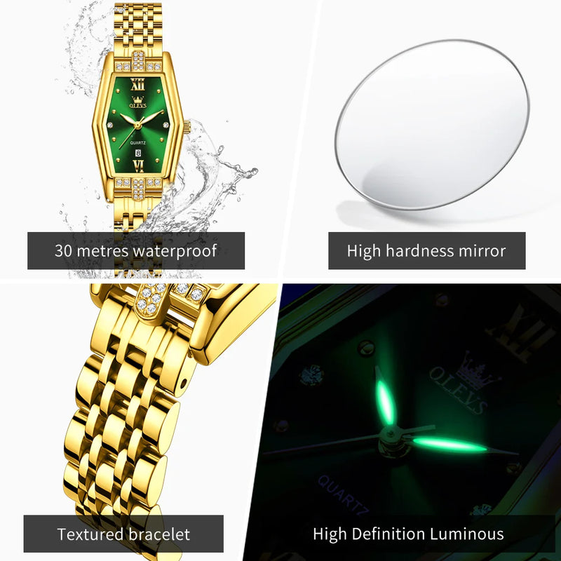 OLEVS 3699 Luxury Fashion Gold Stainless Steel Tonneau Quartz Ladies' Watches - Olevs - Embellish Gold Jewelry & Diamond