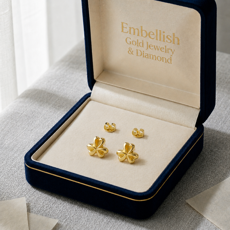 18K Real Gold Three Petal Flower Earrings - 18k Gold Earrings - Embellish Gold