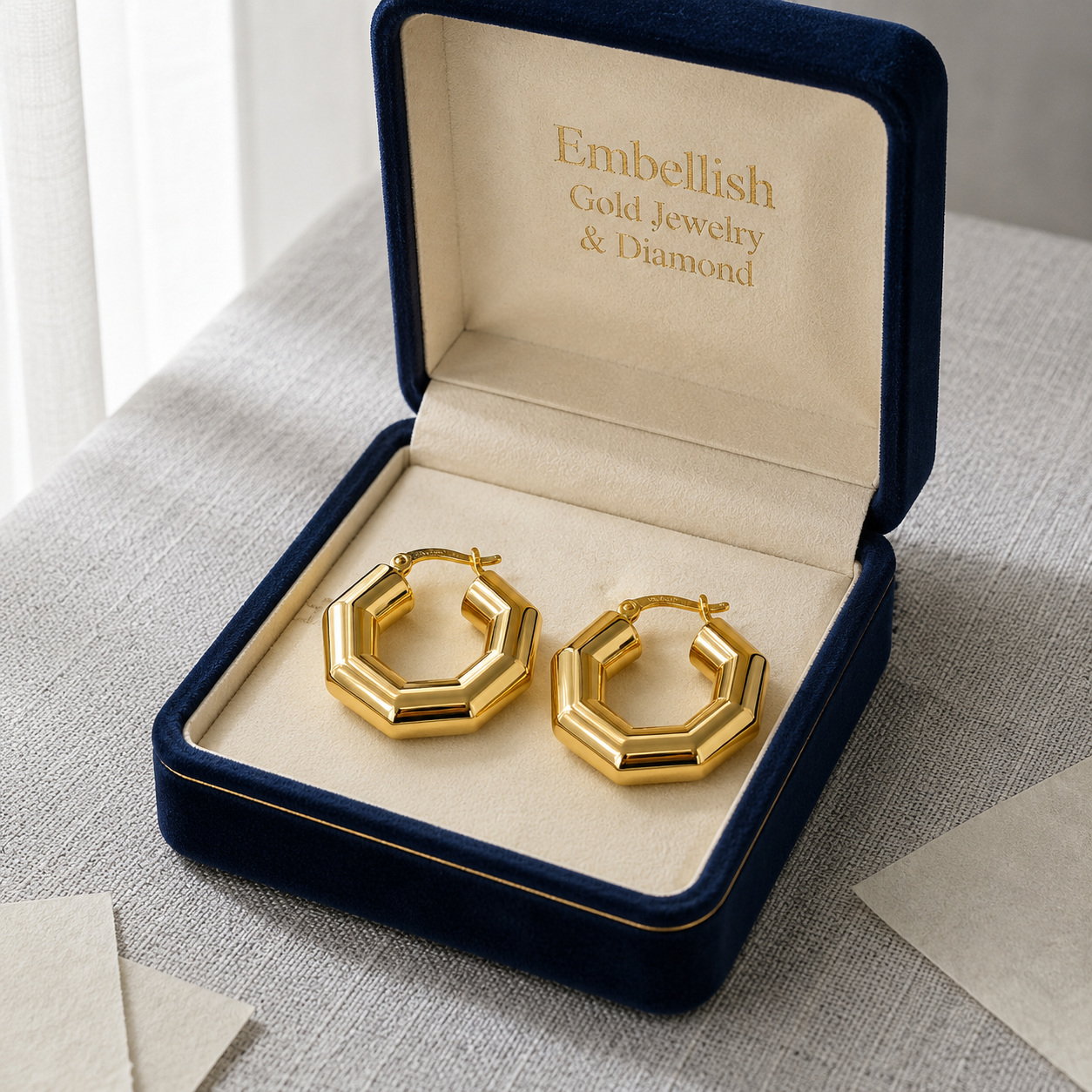 18k Gold Octagon Loop Earrings - 18k Gold Earrings - Embellish Gold Jewelry & Diamond