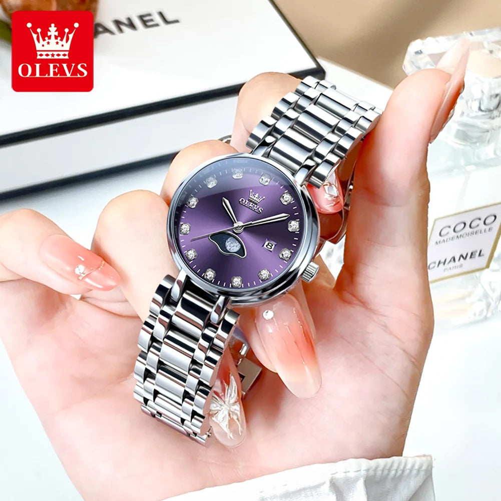 OLEVS Elegant Fashion Purple Rhinestone Dial Quartz Watch for Women