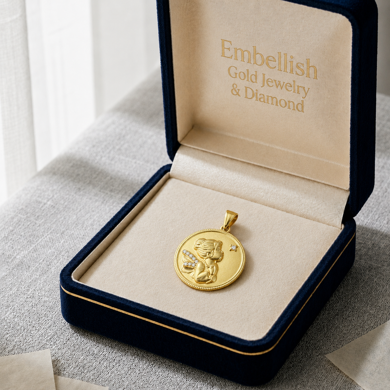 18k Gold Round Fairy Pendant - 18k Gold Pendant - Embellish Gold Jewelry & Diamond