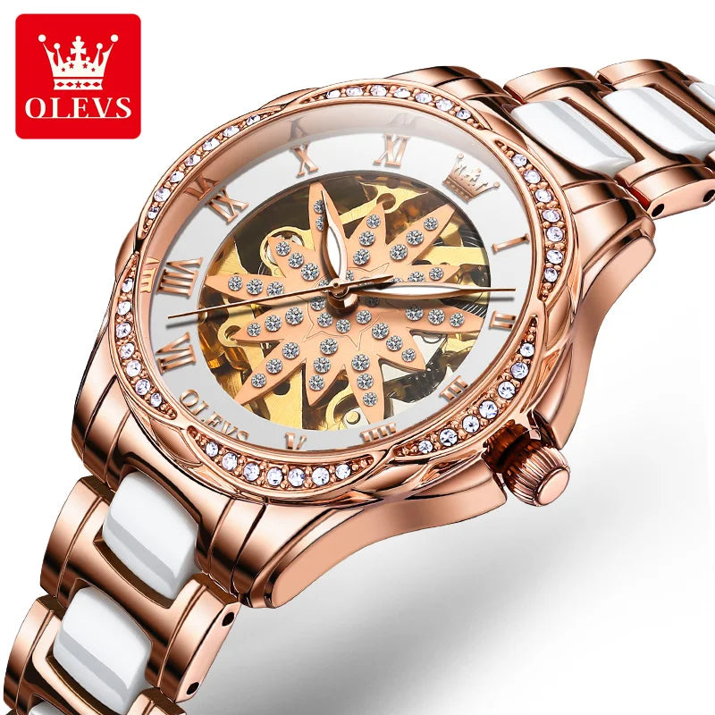 OLEVS 6681 Automatic Watch for Women - Festive Collection - Embellish Gold Jewelry & Diamond