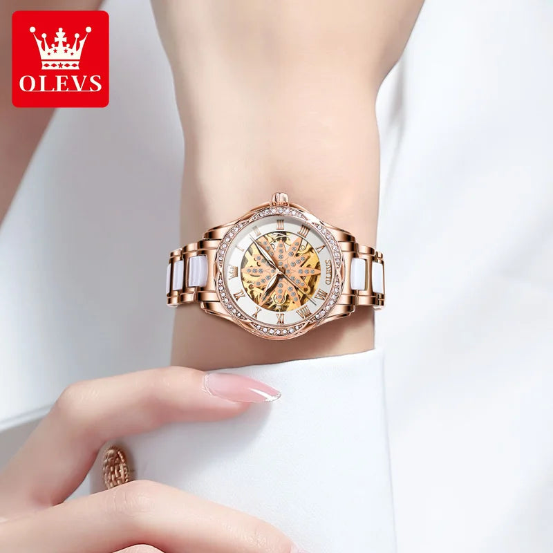 OLEVS 6681 Automatic Watch for Women - Festive Collection - Embellish Gold Jewelry & Diamond