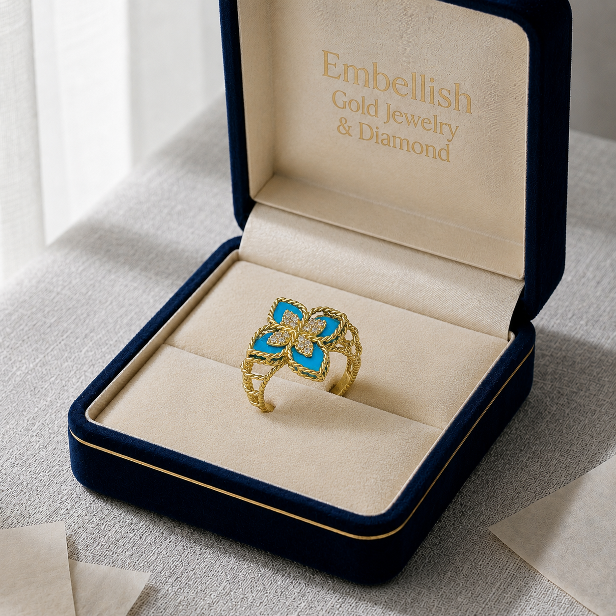 18k Gold Blue Flower Ring