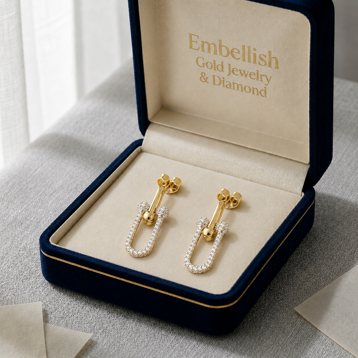 18K Real Gold Paper Clip Earrings With Zircon - Earrings - Embellish Gold
