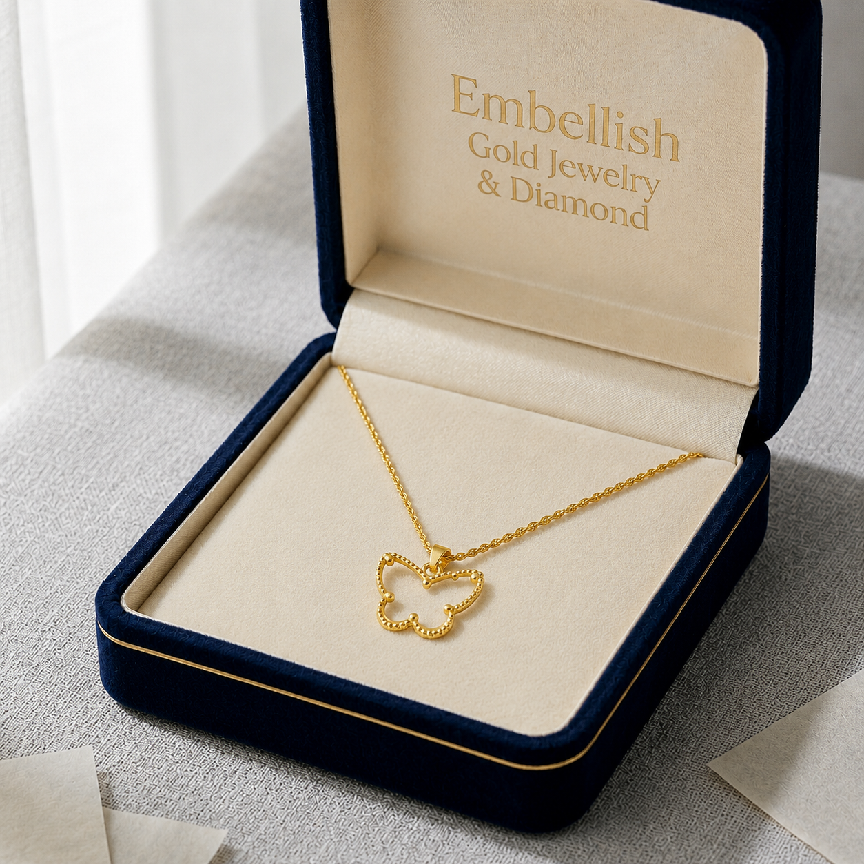 18K Real Saudi Gold Butterfly Rope Chain - 18k Gold Necklace - Embellish Gold
