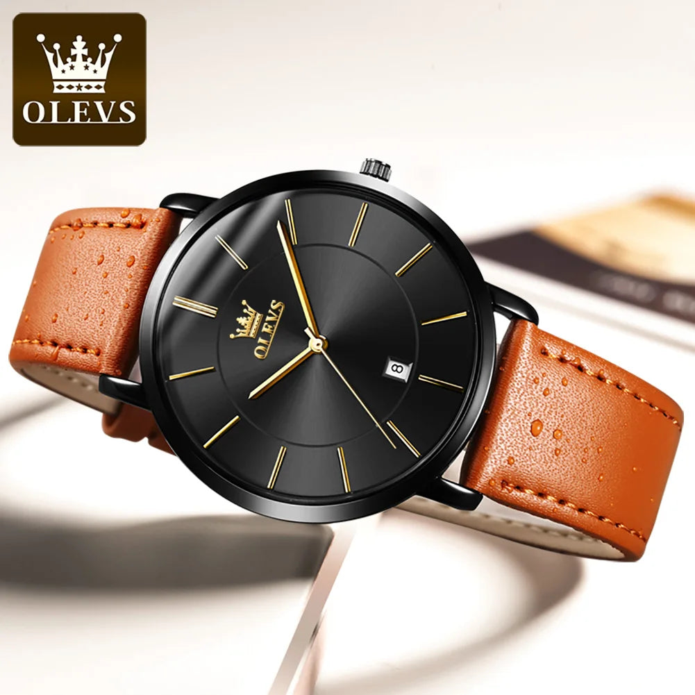OLEVS 5869 Fashion Genuine Leather Men's Watch - Olevs - Embellish Gold Jewelry & Diamond
