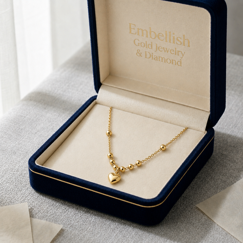 18k Gold Heart with Ball  Necklace - ad collection - Embellish Gold Jewelry & Diamond