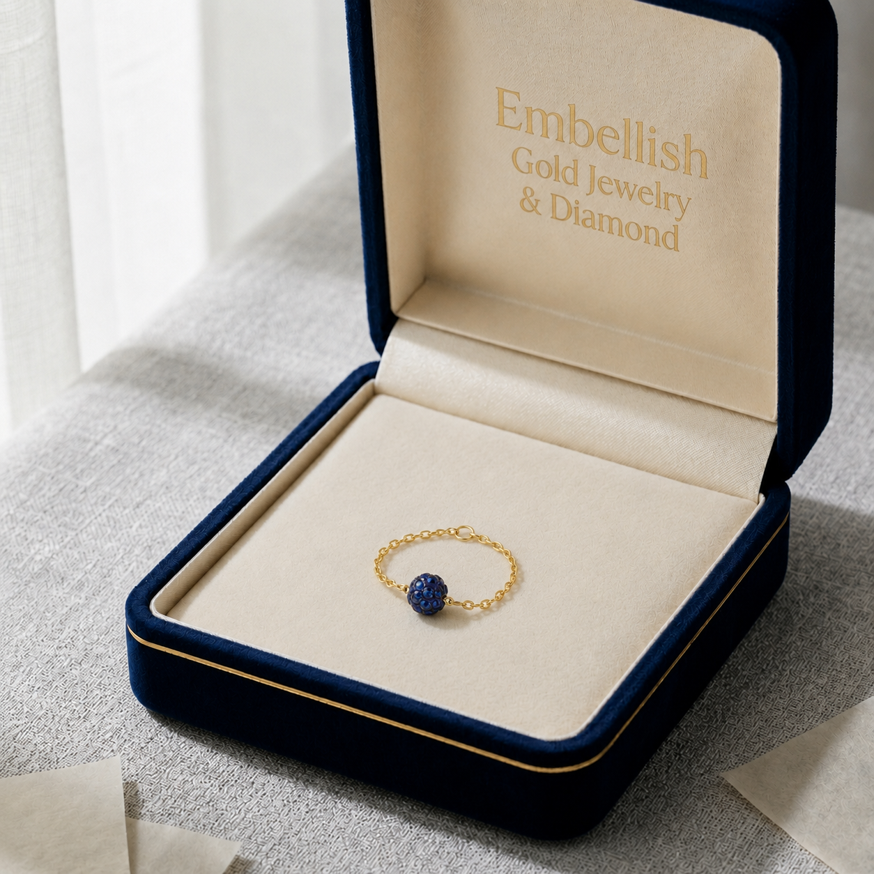 18K Real Gold Blue Swarovski Chain Ring - New Launch - Embellish Gold