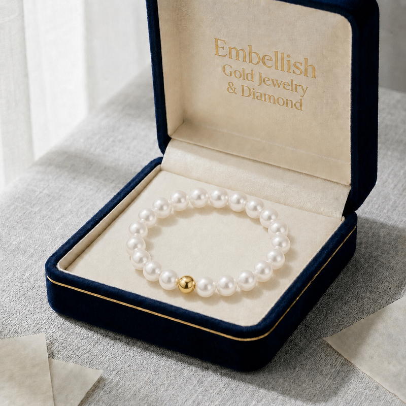 18k Ball with Pearl Elastic Ring - Products - Embellish Gold Jewelry & Diamond
