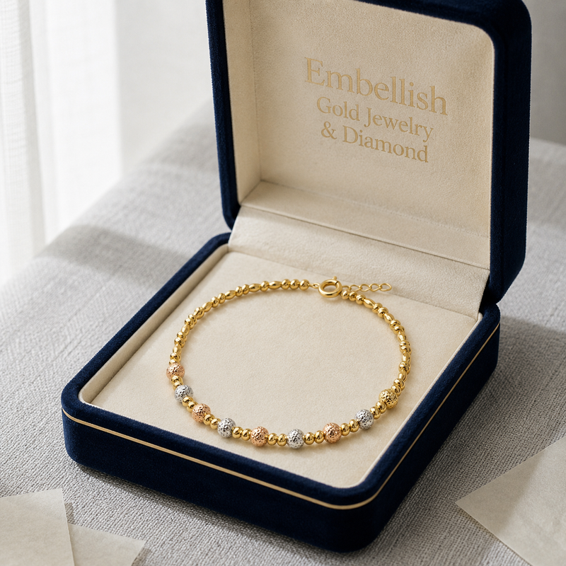 18k Gold Alternate Dia Cut Ball Tri-color Bangle - 18k Gold Bangle - Embellish Gold Jewelry & Diamond
