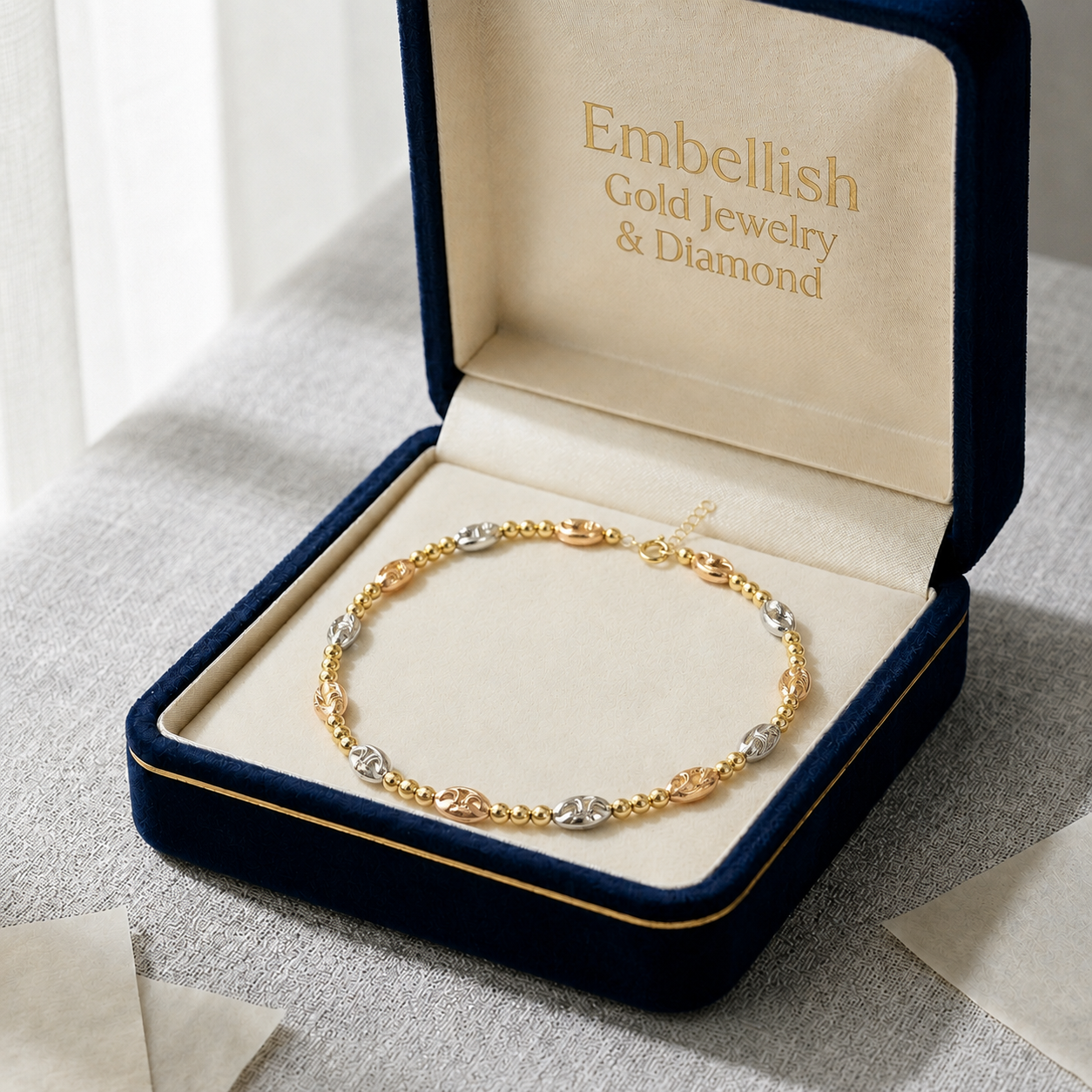 18k Gold Alternate Ball Tri-color Bangle - 18k Gold Bangle - Embellish Gold Jewelry & Diamond