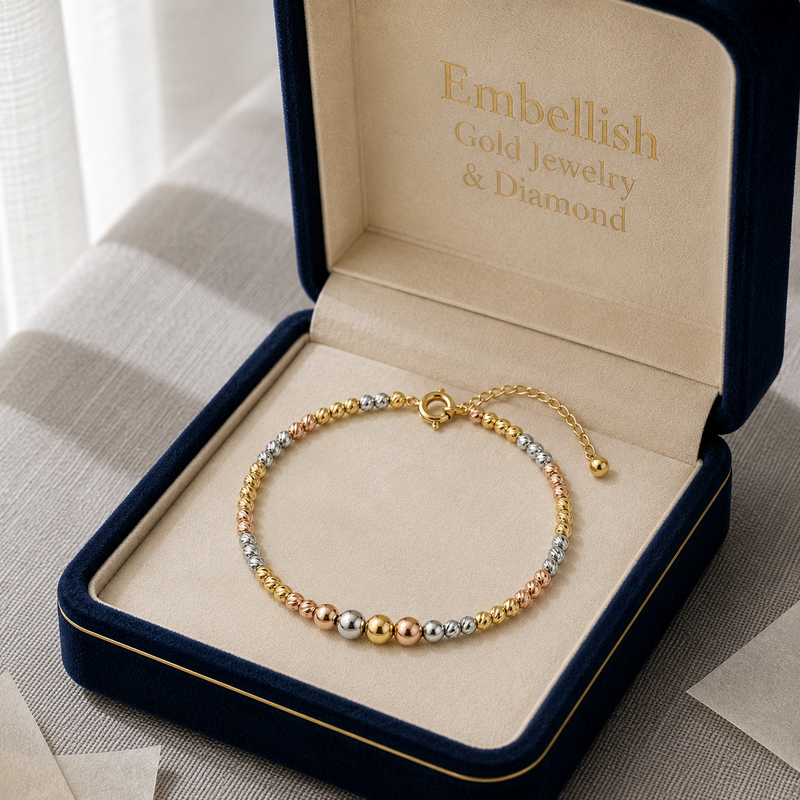 18k Gold Tri-color Dia Cut Ball Bangle - 18k Gold Bangle - Embellish Gold Jewelry & Diamond