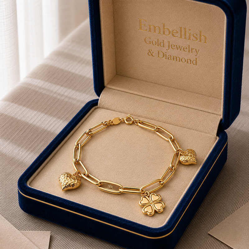 18k Gold Heart Matte with Clover Bracelet - Gold Bracelets - Embellish Gold Jewelry & Diamond