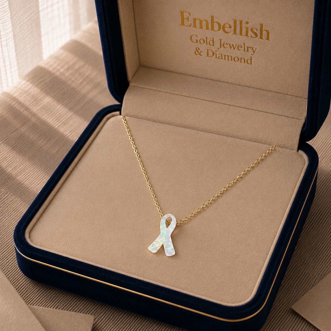 18k Gold Mother of Pearl Ribbon Necklace