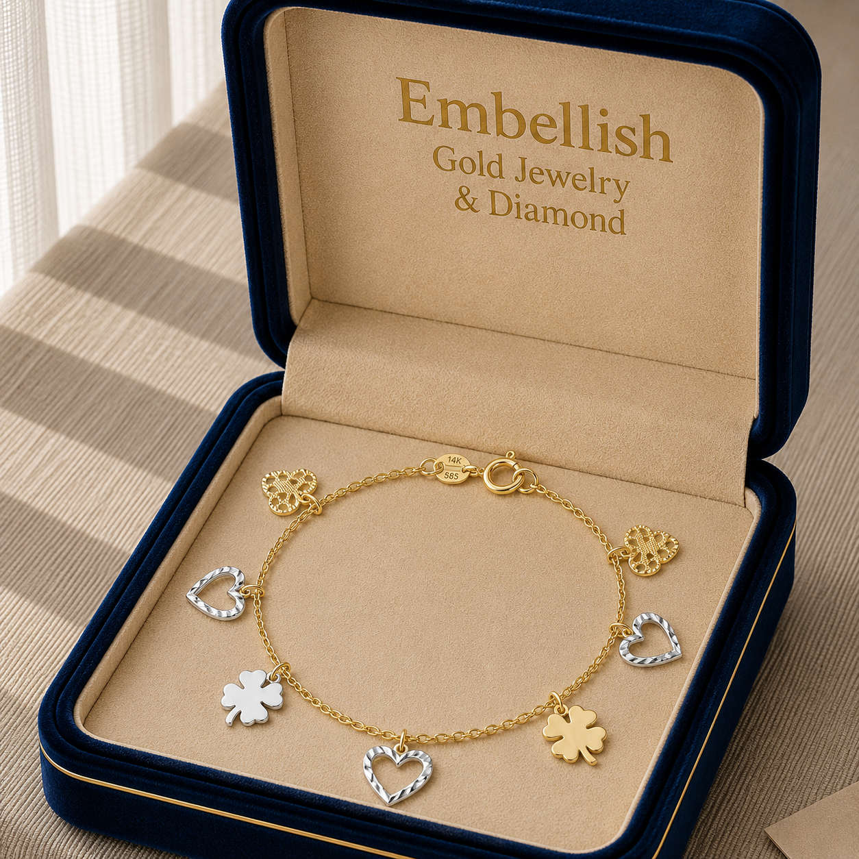Gold bracelet with charms in an 'Embellish' jewelry box