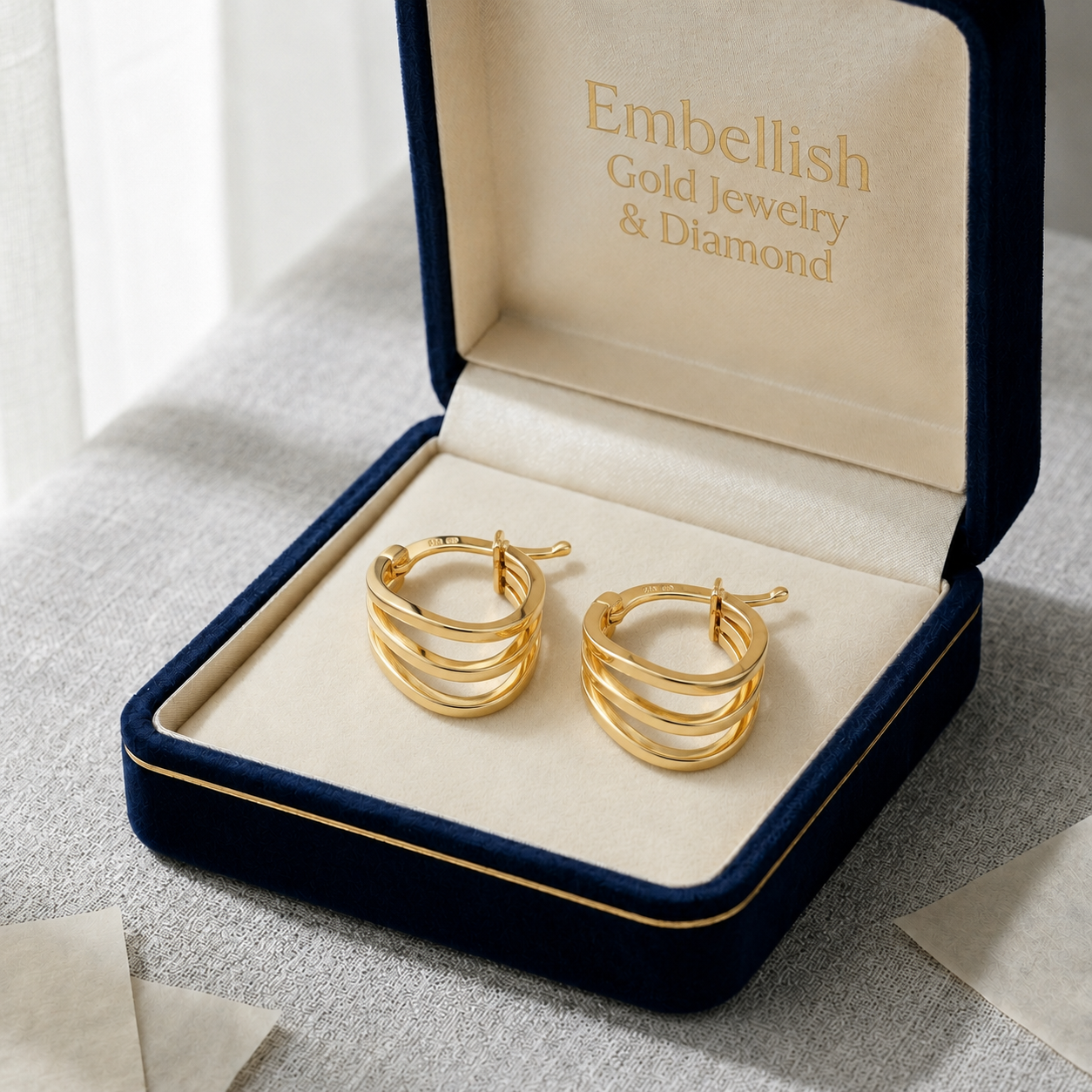 18k Gold Tri Color 3 Lines Solid Earrings - 18k Gold Earrings - Embellish Gold Jewelry & Diamond