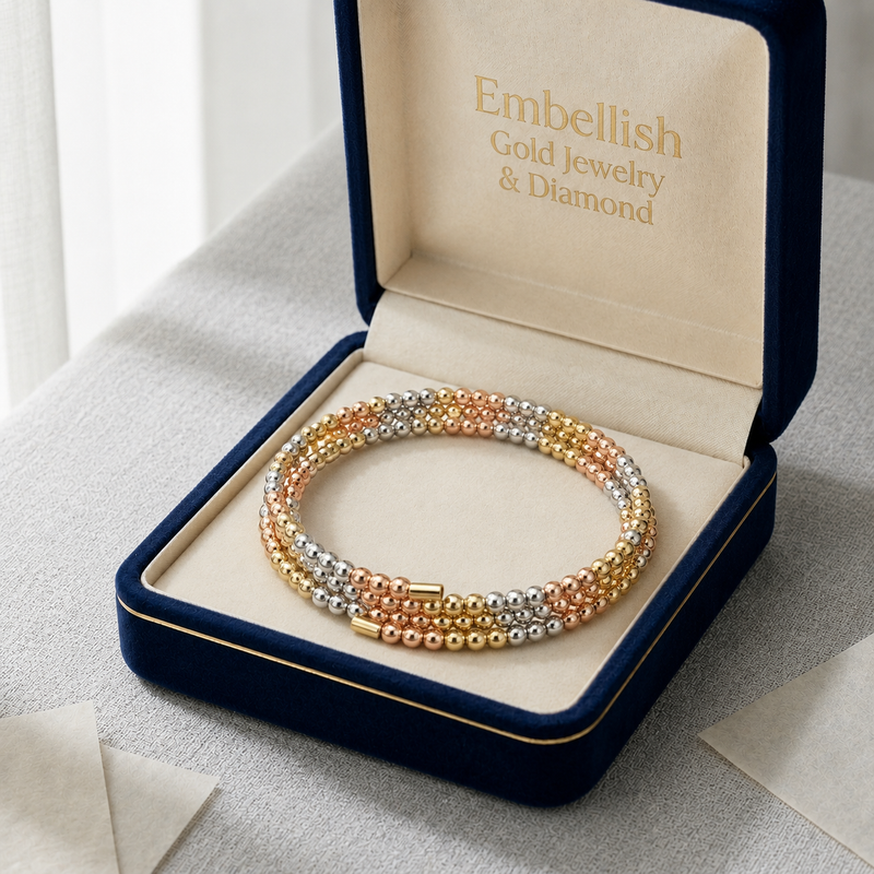 18k Gold 3 Layered Tri-color Ball Bangle - 18k Gold Bangle - Embellish Gold Jewelry & Diamond
