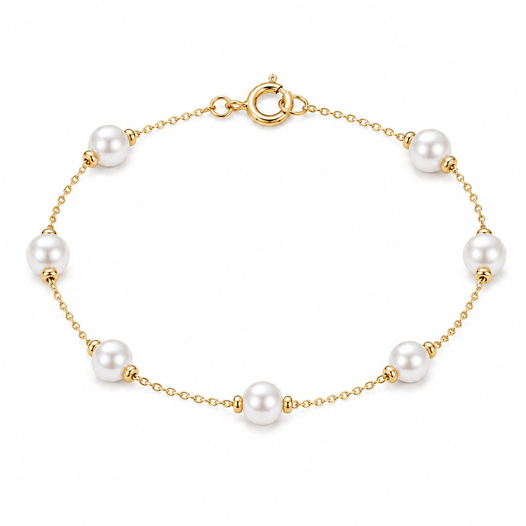 18K Real Gold Pearl And Gold Ball Bracelet