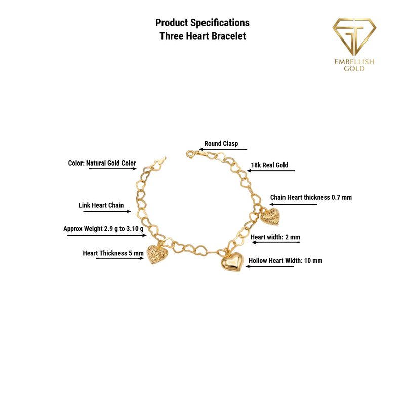 18k Gold 3 Heart in Heart Chain Bracelet - ad collection - Embellish Gold Jewelry & Diamond