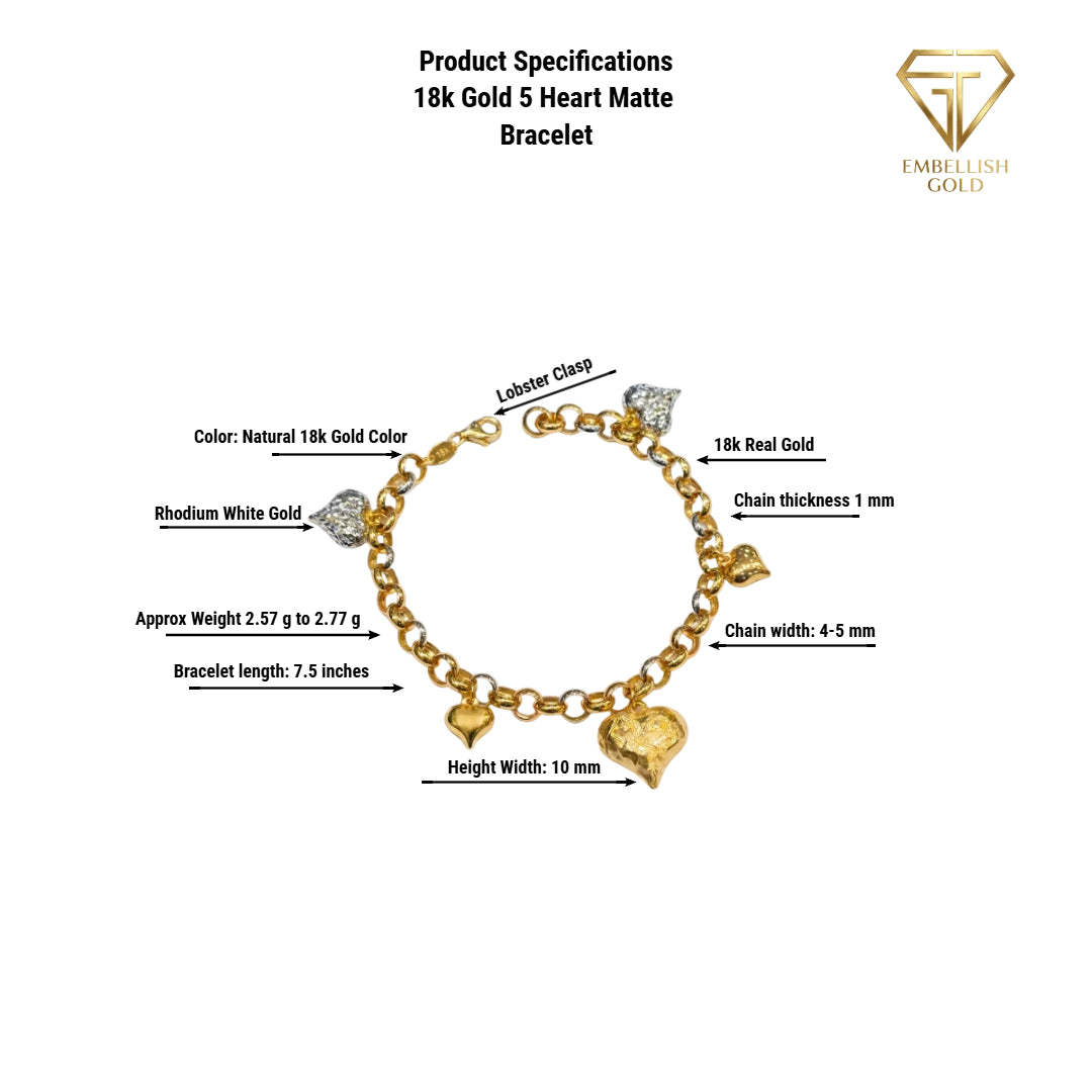 18k Gold 5 Heart Matte Bracelet - ad collection - Embellish Gold Jewelry & Diamond