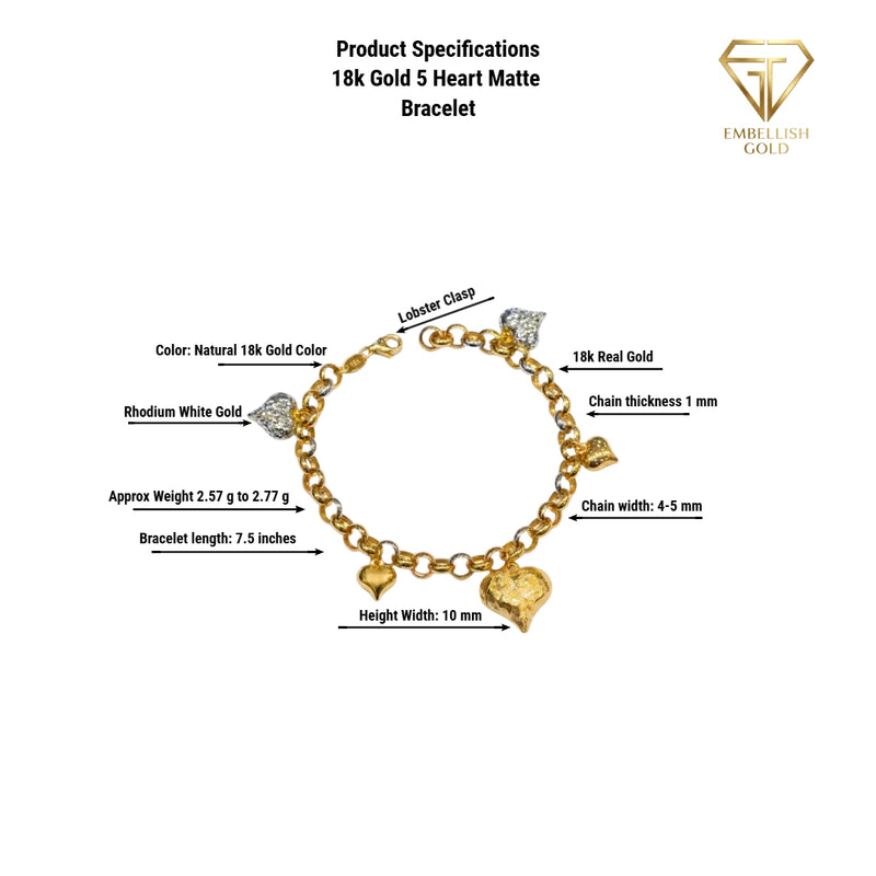18k Gold 5 Heart Matte Bracelet - Gold Bracelets - Embellish Gold Jewelry & Diamond