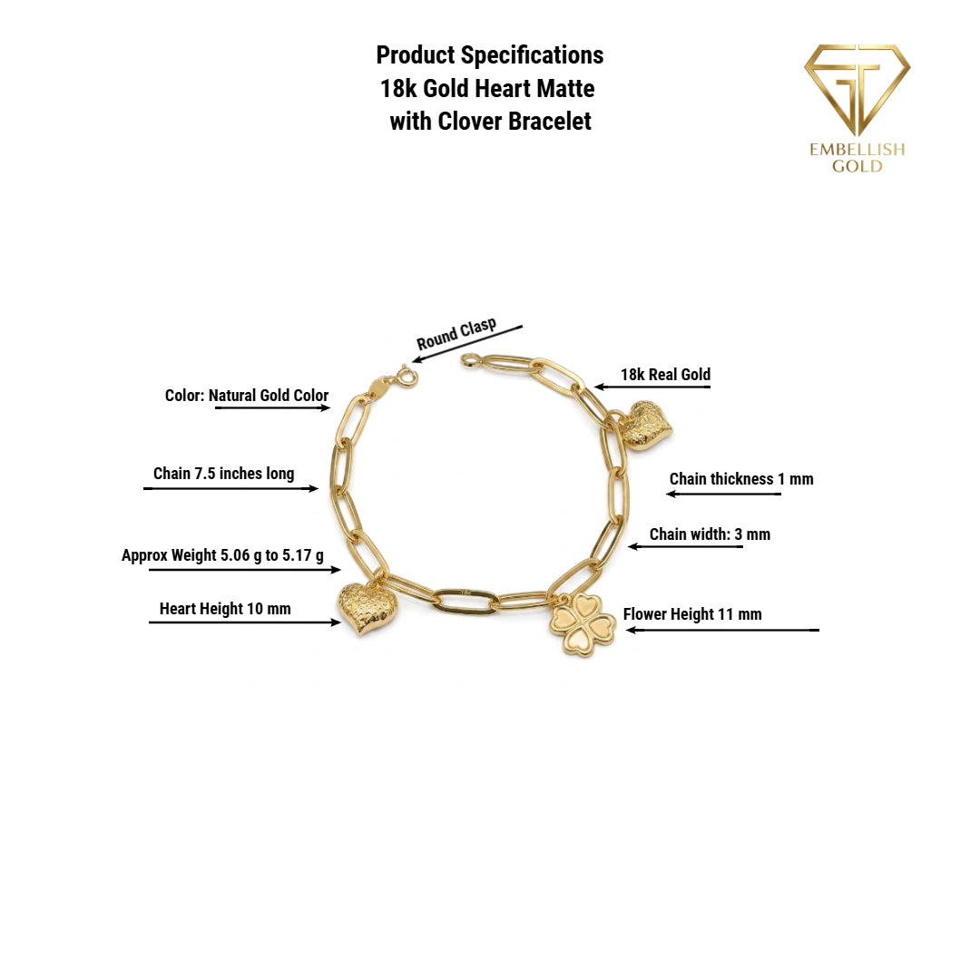 18k Gold Heart Matte with Clover Bracelet - ad collection - Embellish Gold Jewelry & Diamond
