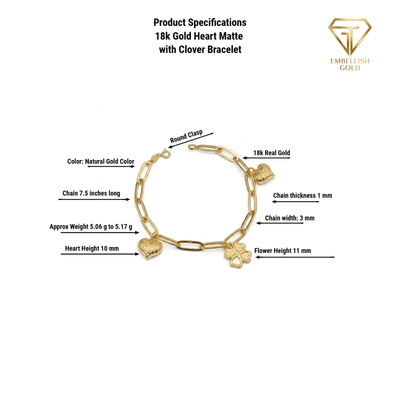 18k Gold Heart Matte with Clover Bracelet - Gold Bracelets - Embellish Gold Jewelry & Diamond