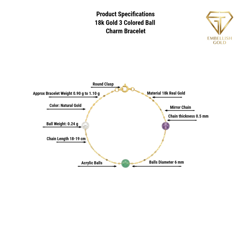 18k Gold 3 Colored Ball Charm Bracelet