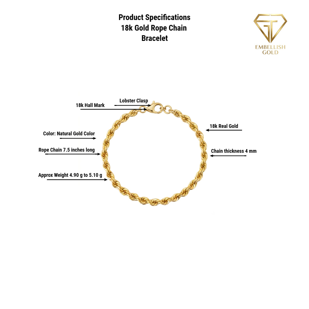 18k Gold Rope Chain Bracelet - 18k Gold Bracelet - Embellish Gold Jewelry & Diamond