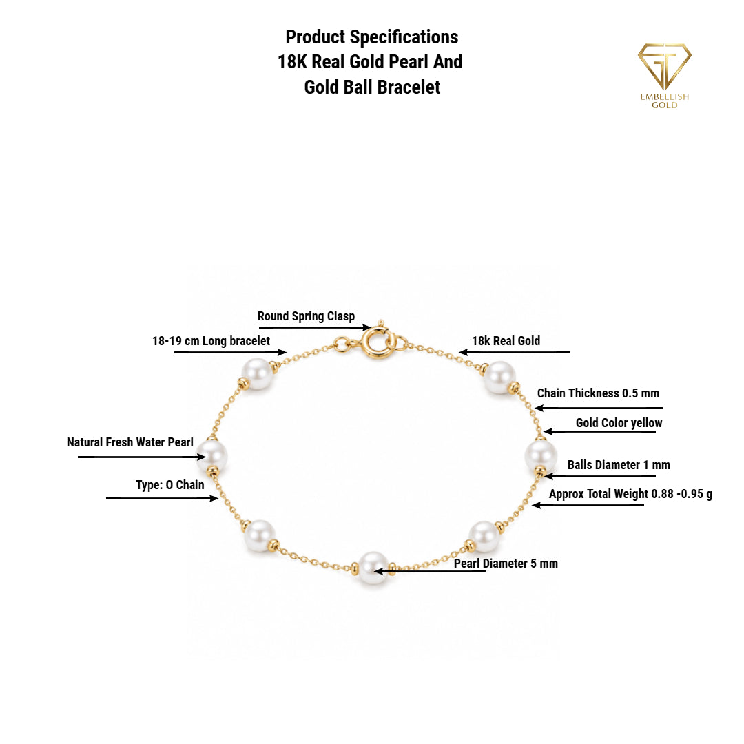 18K Real Gold Pearl And Gold Ball Bracelet - Festive Collection - Embellish Gold Jewelry & Diamond