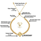 Gold bracelet with detailed specifications on a white background