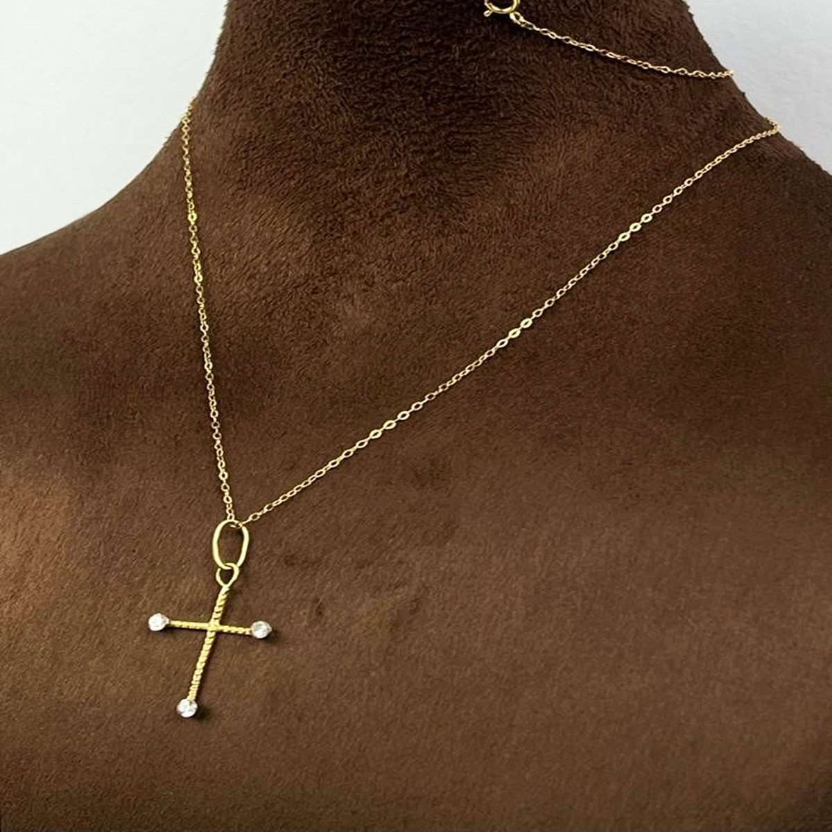18k Real Saudi Gold 3 Zircon Cross Necklace 089